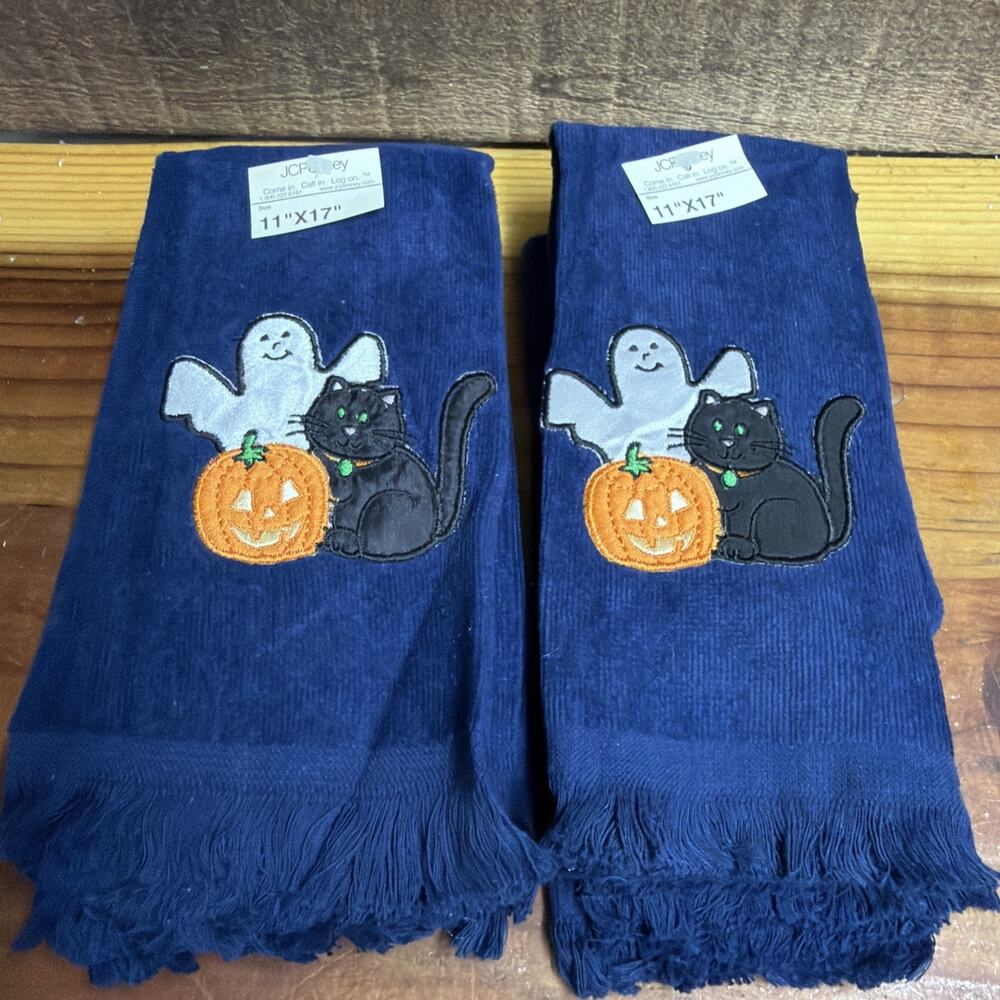 Set Of 7 Navy Halloween Towels Ghost Cat Pumpkin JCPenney 11x17 New